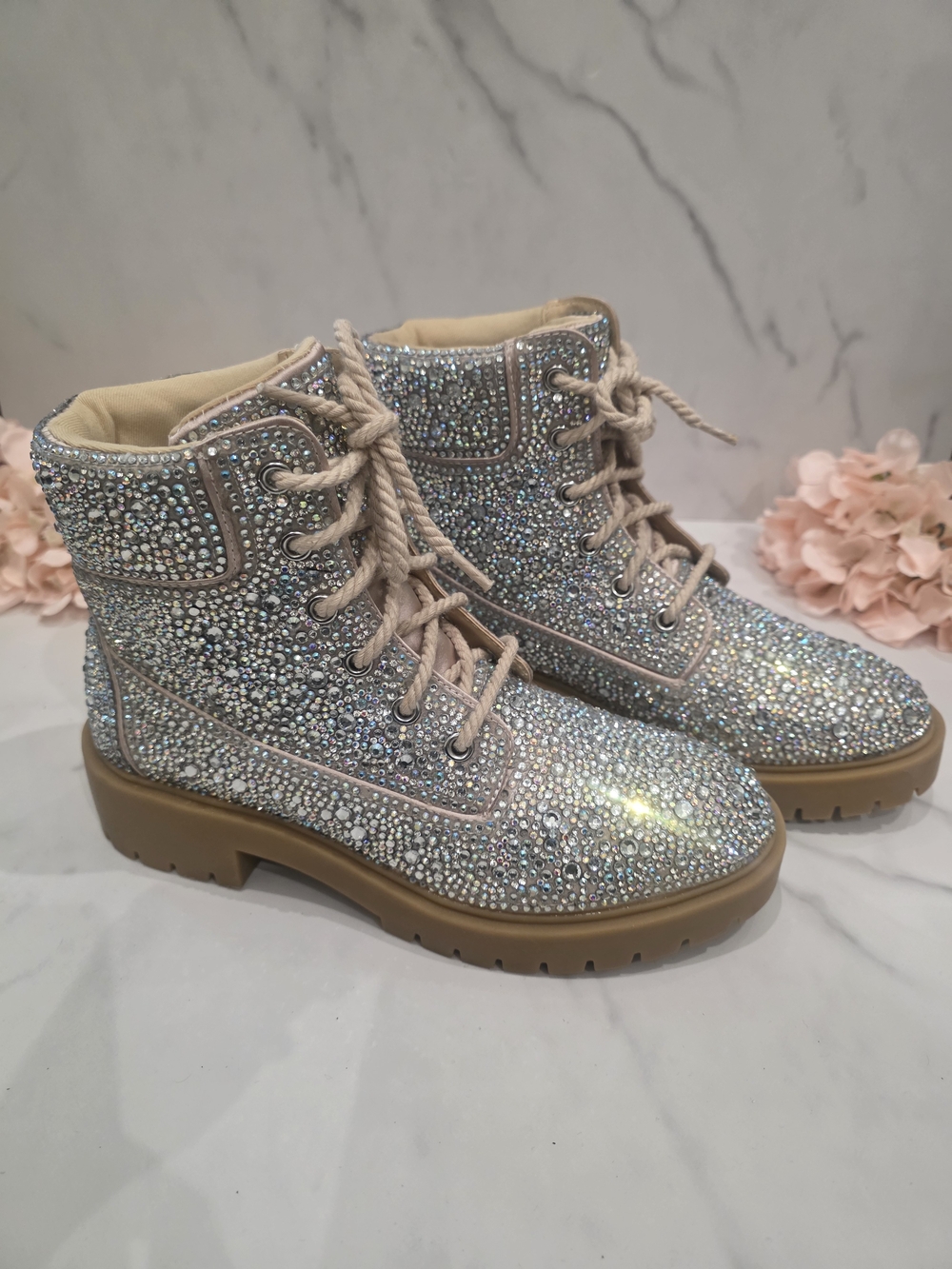 Betsey Johnson - Iridescent Crystal Embellished Combat Boots with Tan Soles